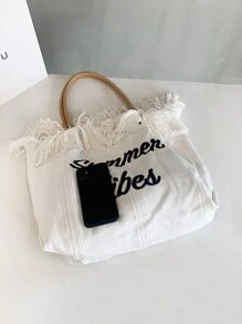 字母刺繡流蘇邊購物袋 - 白色 - 查看 4