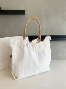 字母刺繡流蘇邊購物袋 - 白色 - 查看 5