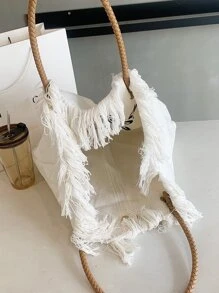 字母刺繡流蘇邊購物袋 - 白色 - 查看 6