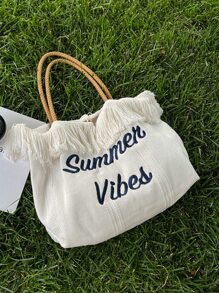 字母刺繡流蘇邊購物袋 - 白色 - 查看 7