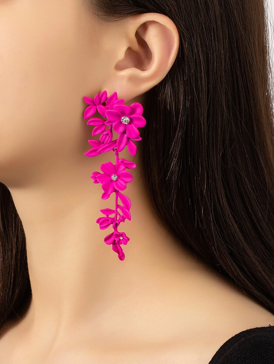 Rhinestone Decor Flower Drop Earrings - Hot Pink - View 1