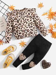 SHEIN Camiseta Y Leggings De Leopardo Con Ribetes De Volantes Para Niña Bebé - Multicolor - Ver 3