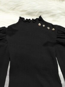 SHEIN Tween Girl Button Detail Puff Sleeve Mock Neck Tee - Black - View 3