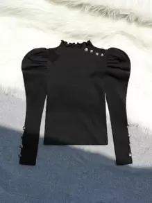 SHEIN Tween Girl Button Detail Puff Sleeve Mock Neck Tee - Black - View 4