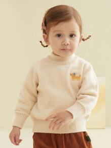 Toddler Girls 1pc Dog Embroidery Mock Neck Jumper - Beige - View 1