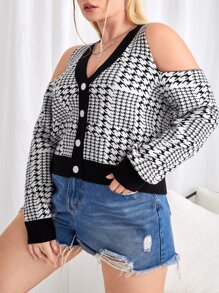 SHEIN Unity Cárdigan con patrón de pata de gallo de hombros descubiertos - Blanco y Negro - Ver 3