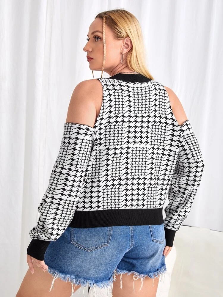 Plus Houndstooth Pattern Cold Shoulder Cardigan