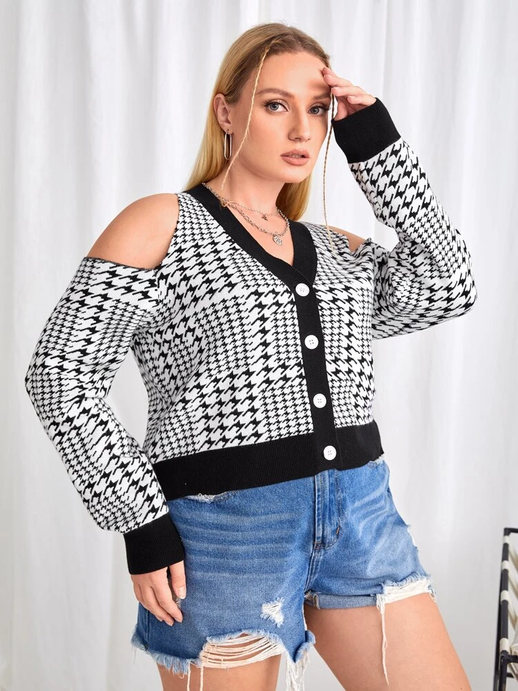 Plus Houndstooth Pattern Cold Shoulder Cardigan