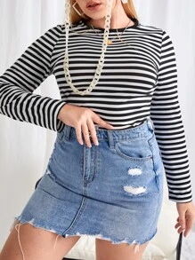 SHEIN EZwear 大碼條紋印花短款T恤 - 黑與白 - 查看 2