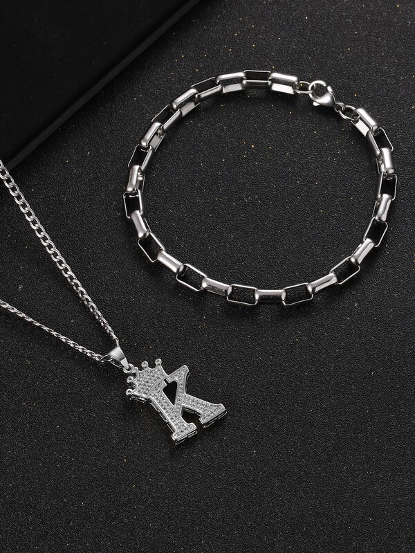 Men Rhinestone Crown & Letter Charm Necklace & Bracelet SHEIN USA