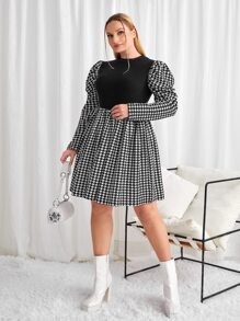 SHEIN Privé Plus Houndstooth Print Gigot Sleeve Dress - Black and White - View 3