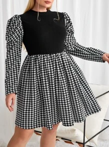 SHEIN Privé Plus Houndstooth Print Gigot Sleeve Dress - Black and White - View 4