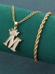 Hombres Collar con diamante de imitación corona & con diseño de letra con pulsera - Amarillo Oro - Ver 1