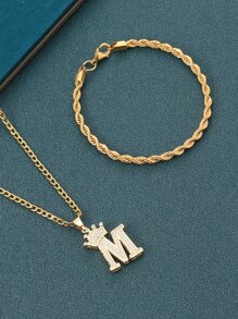 Hombres Collar con diamante de imitación corona & con diseño de letra con pulsera - Amarillo Oro - Ver 2