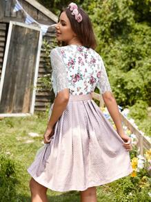 SHEIN Unity Đầm Tương phản ren Ren lên Hoa Chấm bi Thanh lịch - Nhiều màu - Xem 2