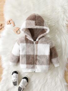 嬰兒格紋印花連帽法蘭絨夾克 - 彩色 - 查看 1