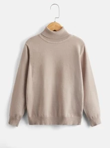 男孩高領素色套頭毛衣 - 卡其色 - 查看 1