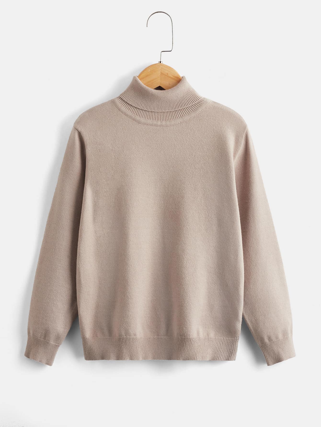 男孩高領素色套頭毛衣 - 卡其色 - 查看 1