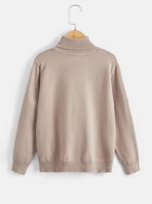 男孩高領素色套頭毛衣 - 卡其色 - 查看 2