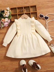 Niñas Vestido de punto de cuello alto ribete con fruncido - Beis - Ver 1