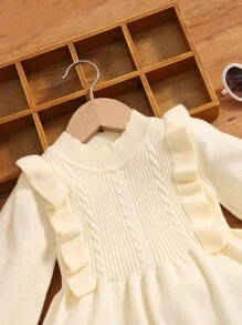 Niñas Vestido de punto de cuello alto ribete con fruncido - Beis - Ver 3