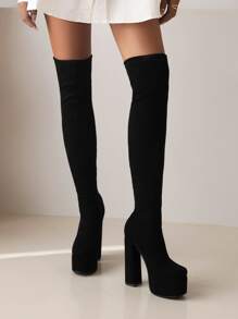 秋冬搭配开衫，优雅的女士袜靴，厚底粗跟时尚靴子，完美搭配开衫/毛衣，性感 - 黑色 - 查看 4