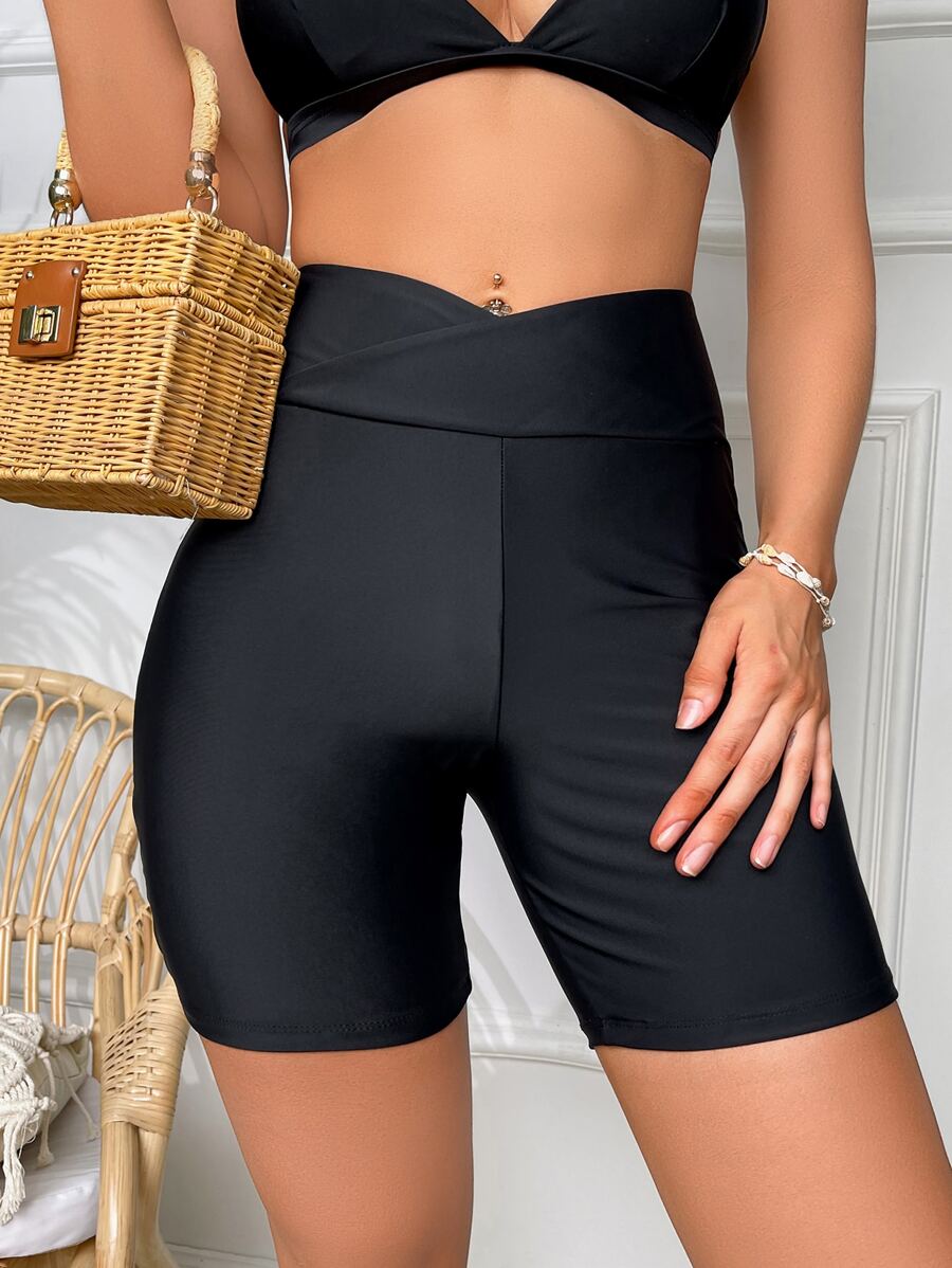 Swim SPRTY Summer Beach Overlap Waist Bikini Bottom - Black - View 1