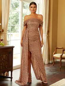 Missord Sequin Off Shoulder Draped Asymmetrical Hem Floor Dress - Apricot - View 4