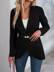 Waterfall Collar Open Front Coat Without Belt - Black - View 1