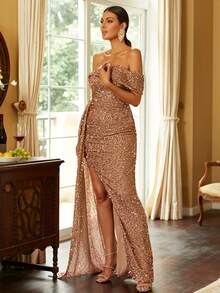 Missord Sequin Off Shoulder Draped Asymmetrical Hem Floor Dress - Apricot - View 6