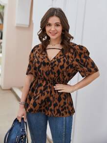 SHEIN LUNE Plus Allover Print Cut Out Peplum Blouse - Multicolor - View 4