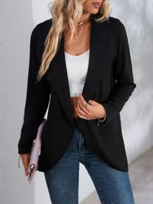 Waterfall Collar Open Front Coat Without Belt - Black - View 5