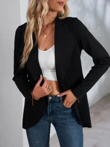 Waterfall Collar Open Front Coat Without Belt - Black - View 7