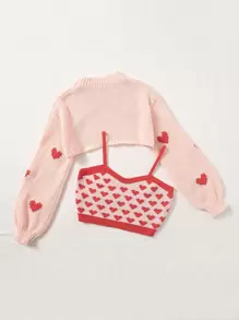 SHEIN ICON Heart Pattern Knit Top & Mock Neck Drop Shoulder Shrug Jumper - Multicolor - View 2