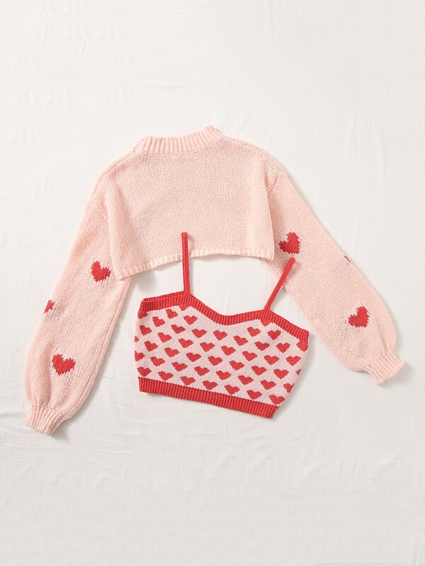 SHEIN ICON Heart Pattern Knit Top & Mock Neck Drop Shoulder Shrug