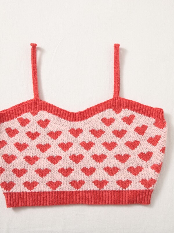 SHEIN ICON Heart Pattern Knit Top & Mock Neck Drop Shoulder Shrug