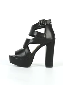 後拉鏈粗跟涼鞋靴 - 黑色 - 查看 3