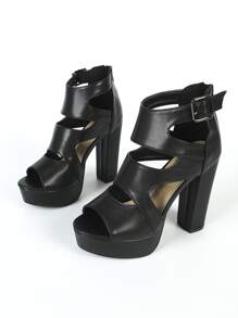 後拉鏈粗跟涼鞋靴 - 黑色 - 查看 4