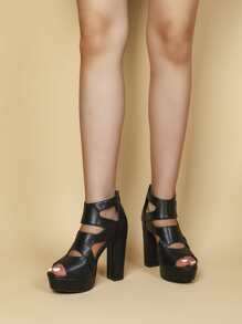 後拉鏈粗跟涼鞋靴 - 黑色 - 查看 5