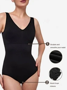 SHAPORA Solid Backless Shapewear Bodysuit - Black - View 4