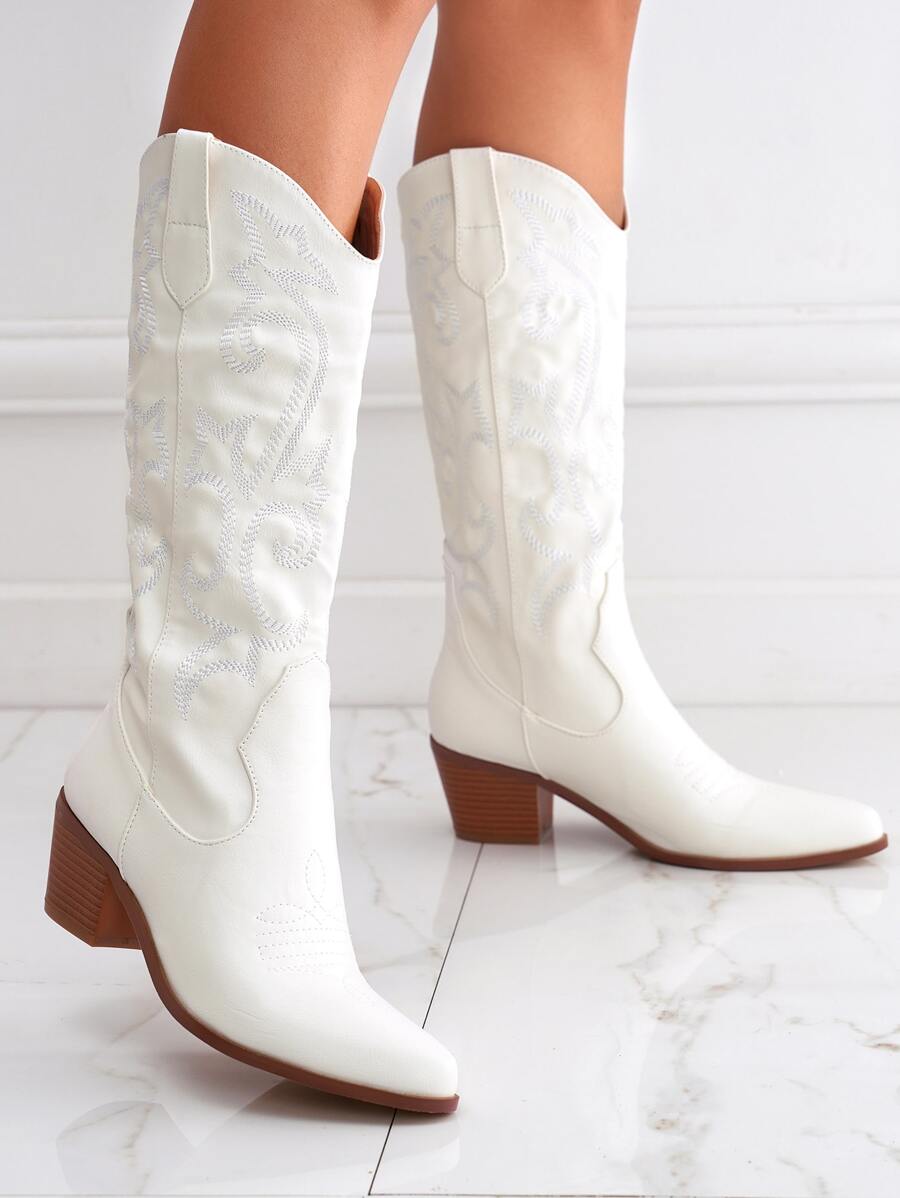Women Scroll Embroidery Chunky Heeled White Western Boots - White - View 1