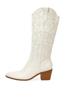 Women Scroll Embroidery Chunky Heeled White Western Boots - White - View 2