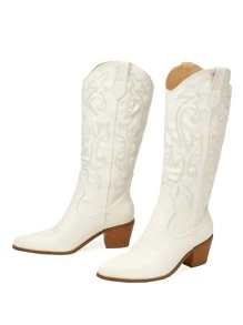 Women Scroll Embroidery Chunky Heeled White Western Boots - White - View 3