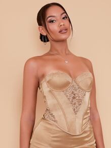 SHEIN BAE Áo nữ Tương phản ren Cao thấp Dây kéo màu trơn Thanh lịch - Màu Khaki - Xem 3