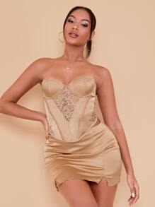 SHEIN BAE Áo nữ Tương phản ren Cao thấp Dây kéo màu trơn Thanh lịch - Màu Khaki - Xem 5