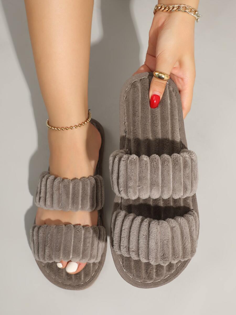 Dép đi trong nhà quai đôi mùa thu/đông, dép đi trong nhà nhẹ và thoải mái cho nữ họa tiết sọc, quai đôi, dép bệt hở mũi màu nâu, dép lông - Màu nâu  Mocha - Xem 1