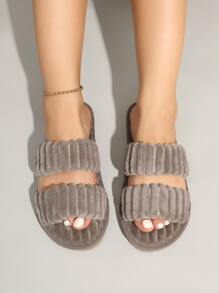 Dép đi trong nhà quai đôi mùa thu/đông, dép đi trong nhà nhẹ và thoải mái cho nữ họa tiết sọc, quai đôi, dép bệt hở mũi màu nâu, dép lông - Màu nâu  Mocha - Xem 3