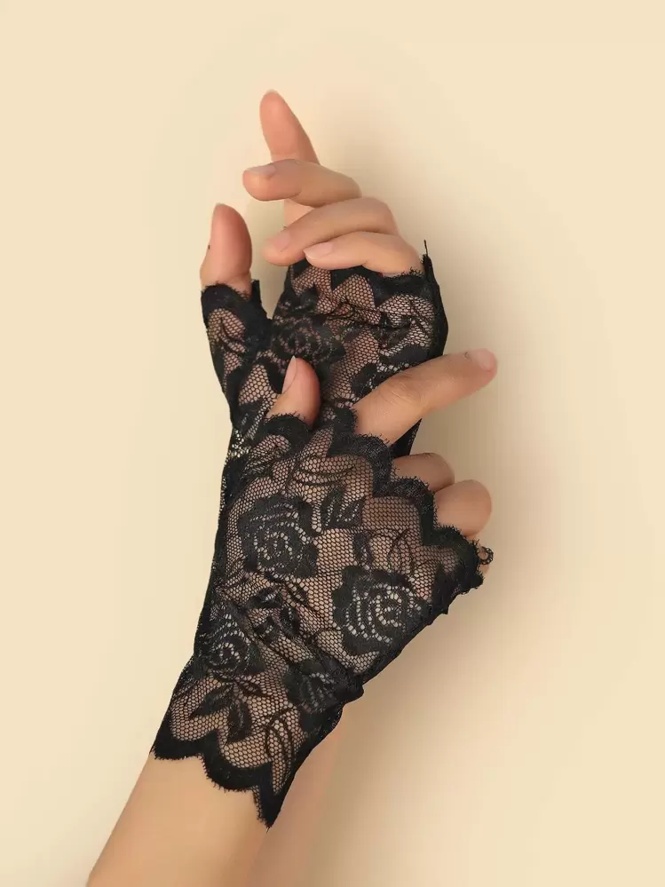 Guantes de encaje sexy unicolor para Halloween y el Día de San Valentín - Negro - Añade 1