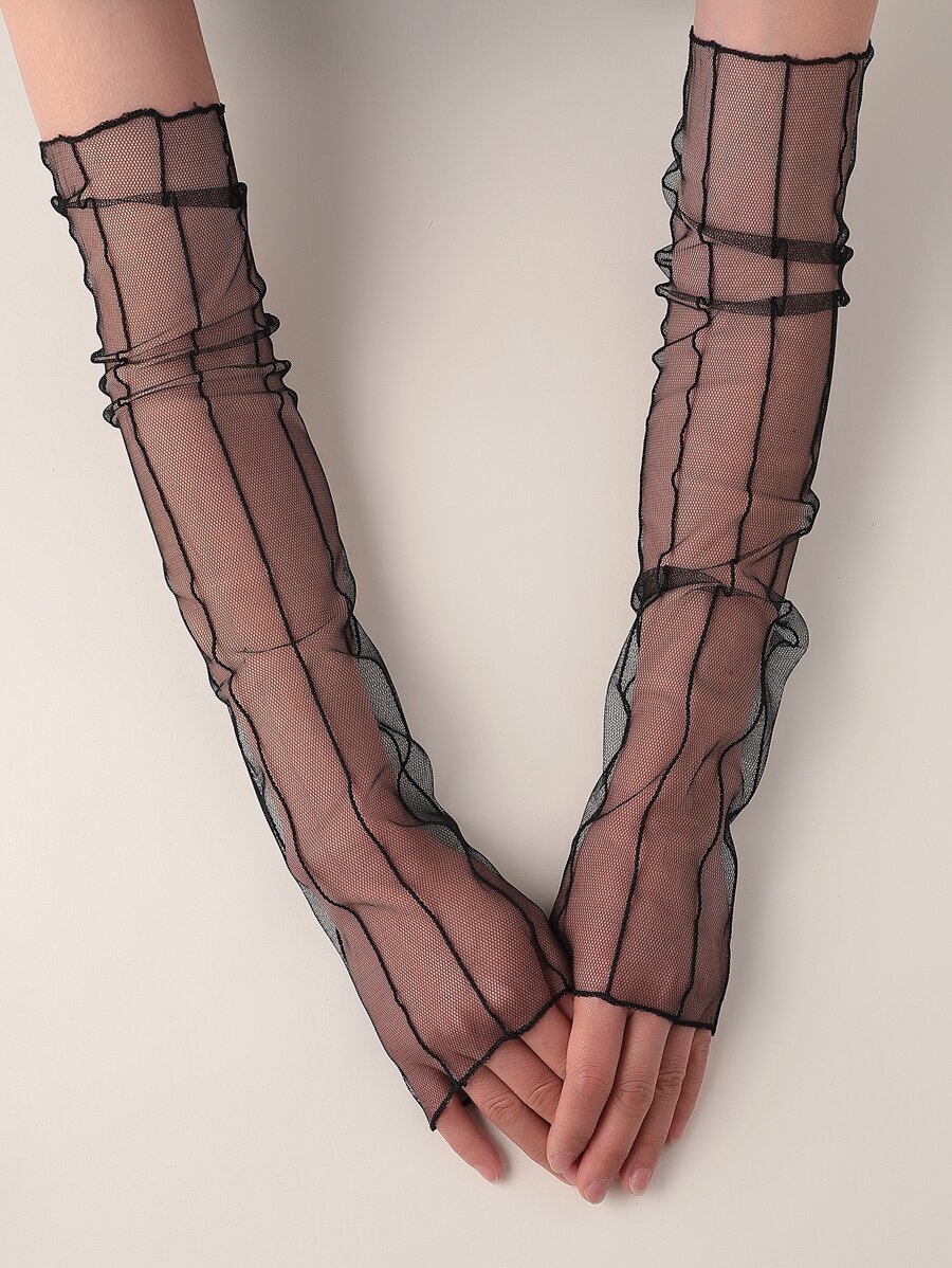 Black Mesh Long Gloves - Black - View 1