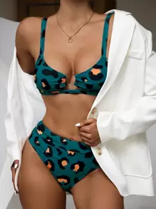 SHEIN Swim Summer Beach Leopard Ring Linked Bikini Set - Multicolor - View 3